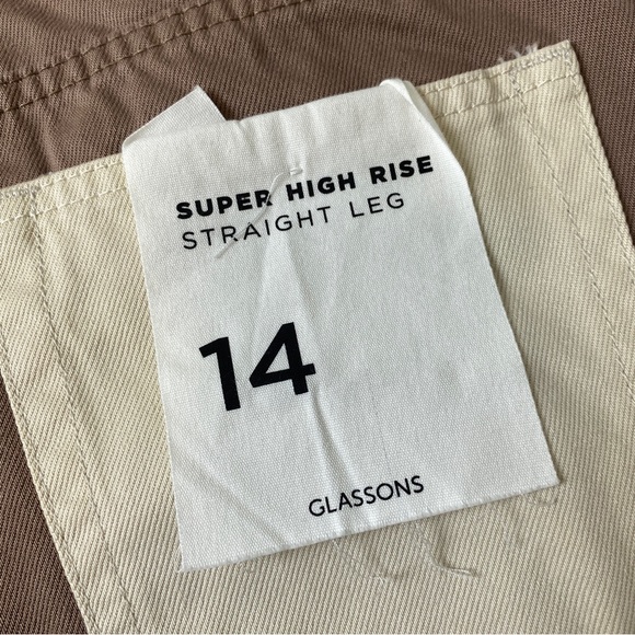 GLASSONS Brown Cream Two Tone Super High Waist Straight Leg Raw Hem Jeans Sz 14 - Picture 9 of 10